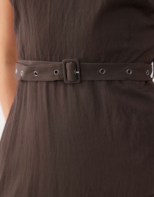 Mango sleeveless belted midi dress in brown, 3 of 4