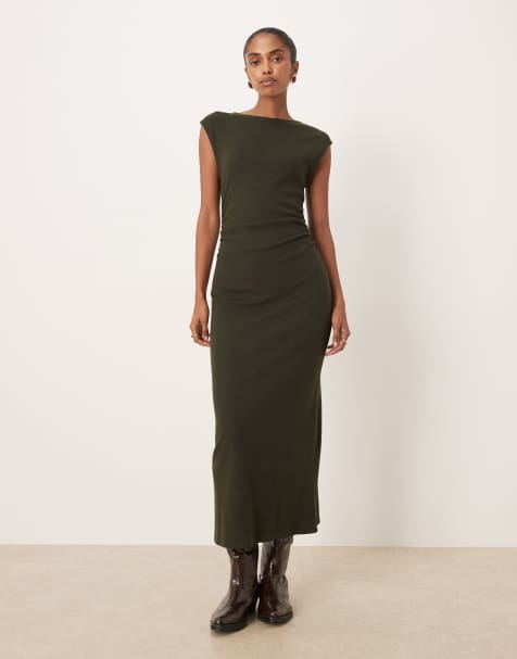 Mango sleeveless boat neck midaxi dress in brown - view 1