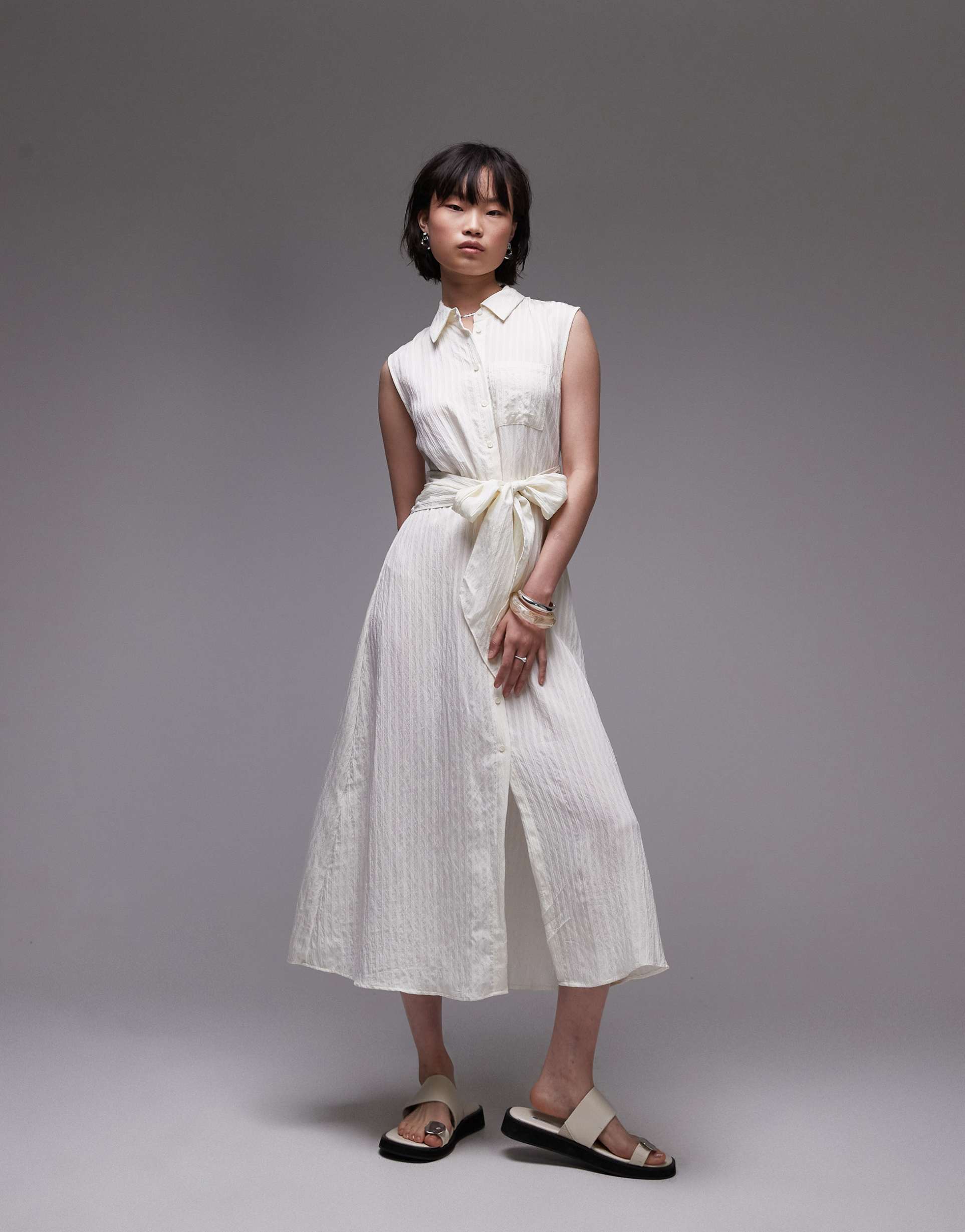 mango sleeveless bow front midi dress in white