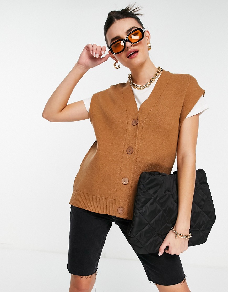 Mango sleeveless button front knit vest in tan-Brown