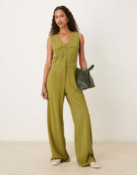 Mango sleeveless button through jumpsuit in green - view 1