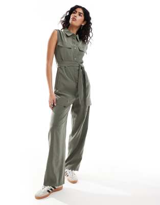 Mango sleeveless button up jumpsuit in khaki-Green