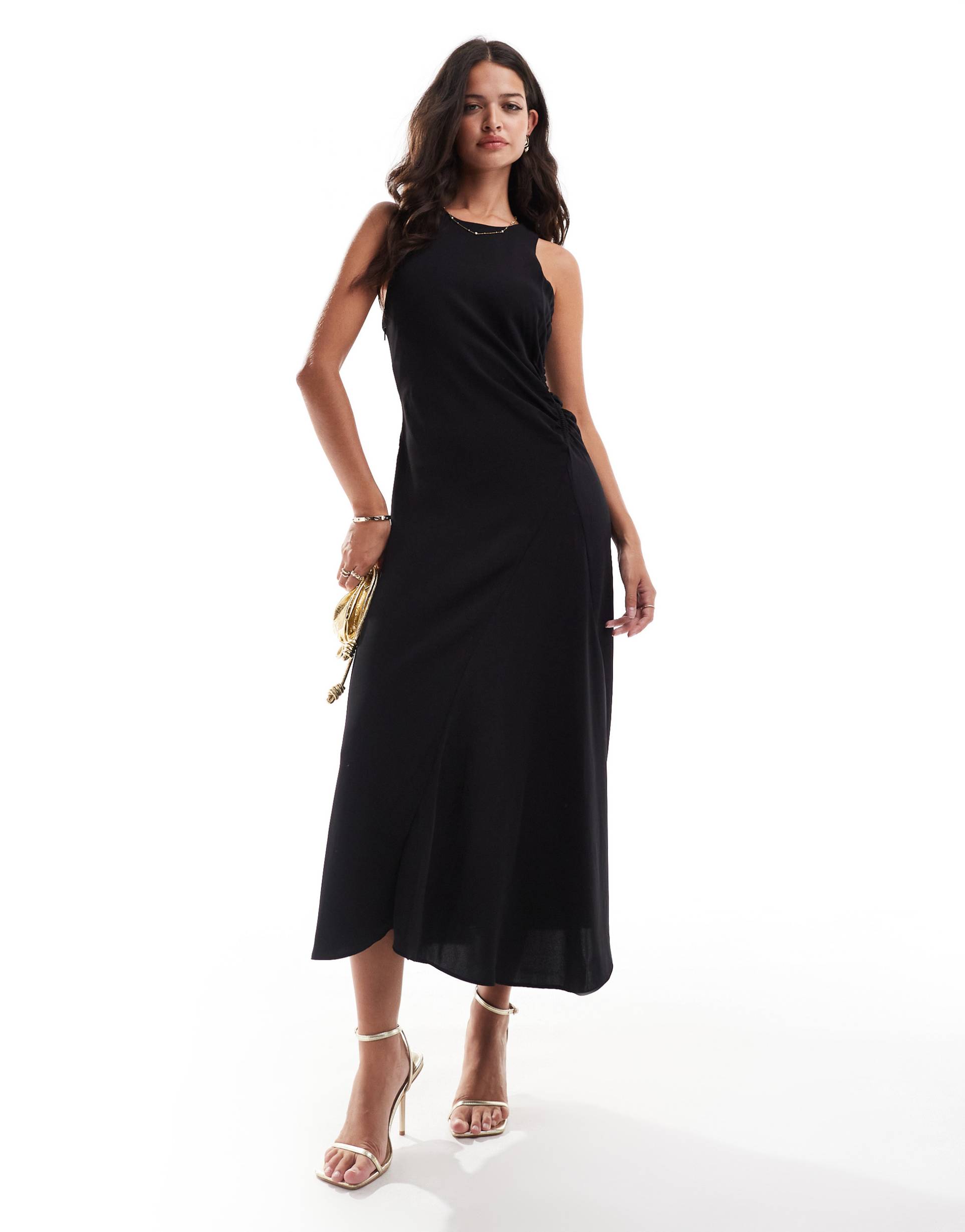 mango sleeveless cinched side midi dress in black