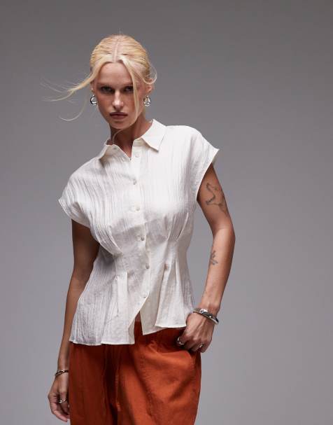 Mango sleeveless cinched waist shirt in light beige - view 1