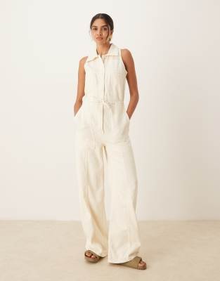 Mango Sleeveless Collar Detail Button Up Jumpsuit With Tie Waist