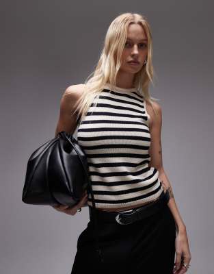 Mango Sleeveless Cropped Knit Striped Top In Black