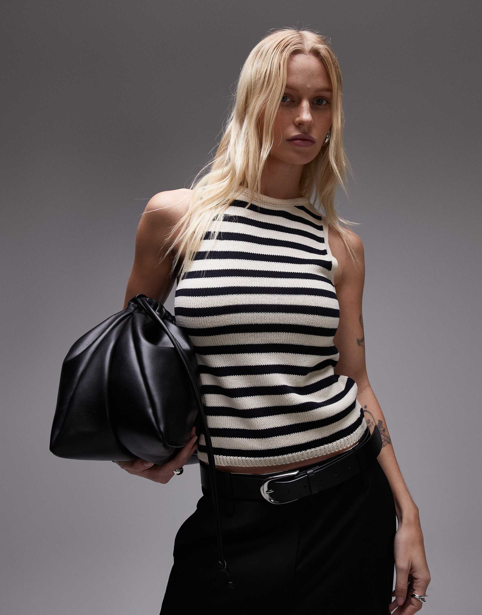 mango sleeveless cropped knit striped top in black