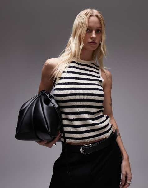 Mango sleeveless cropped knitted stripe top in black - view 1