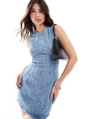 sleeveless denim dress in mid blue