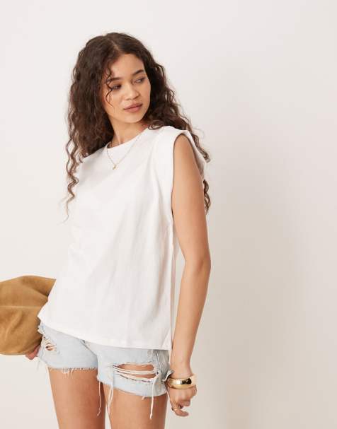 Mango sleeveless elevated shoulder tank top in white - view 1