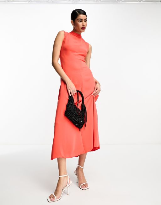 Warehouse tie back shop midi dress coral