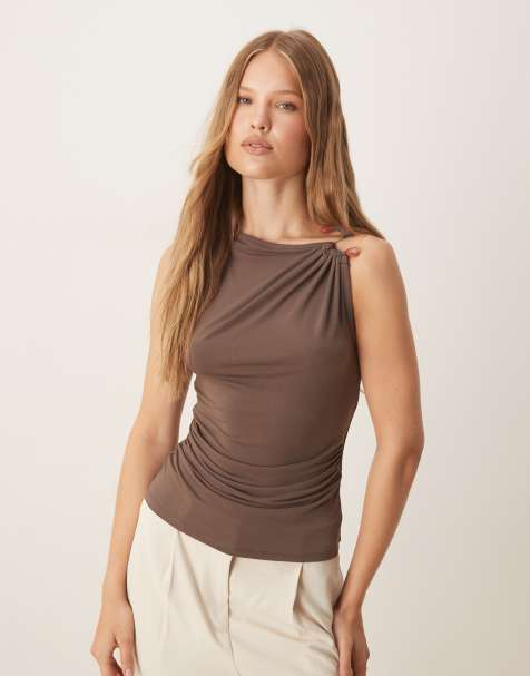 Mango sleeveless hardware detail top in brown - view 1