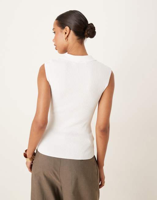Mango sleeveless knit polo top in white
