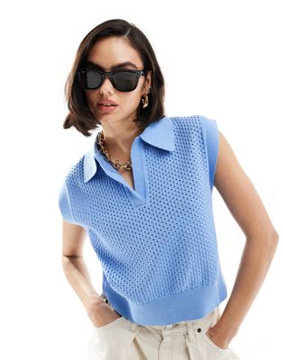 Mango sleeveless knitted polo top in blue