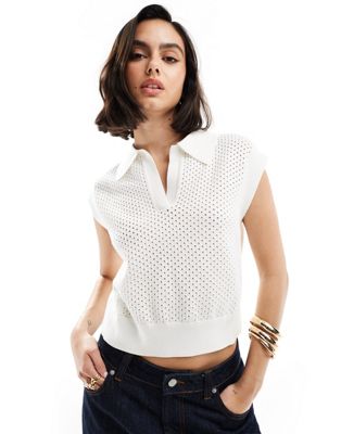 Mango sleeveless knitted polo top in white