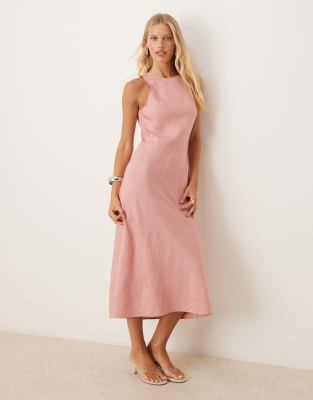Mango Sleeveless Linen Mix Dress In Pink