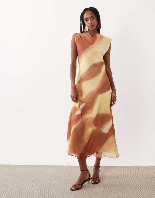 Mango sleeveless maxi dress in orange watercolour print, 2 of 4