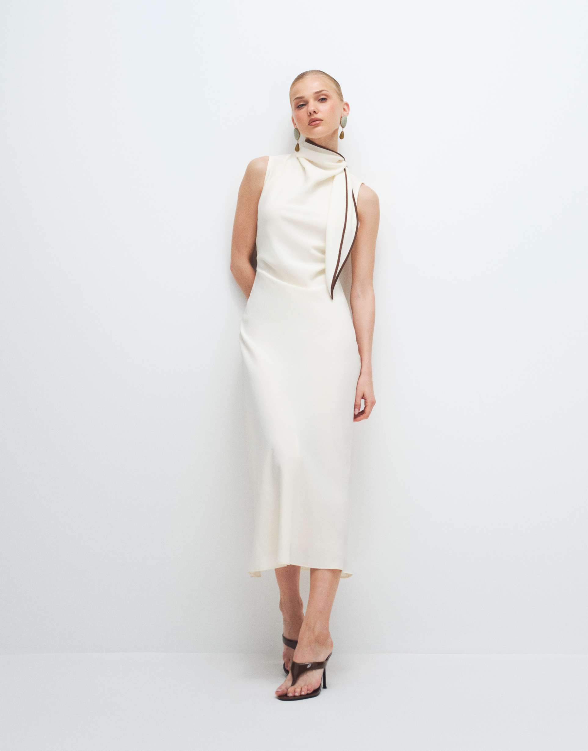 mango sleeveless midaxi dress with tie neck in pastel yellow