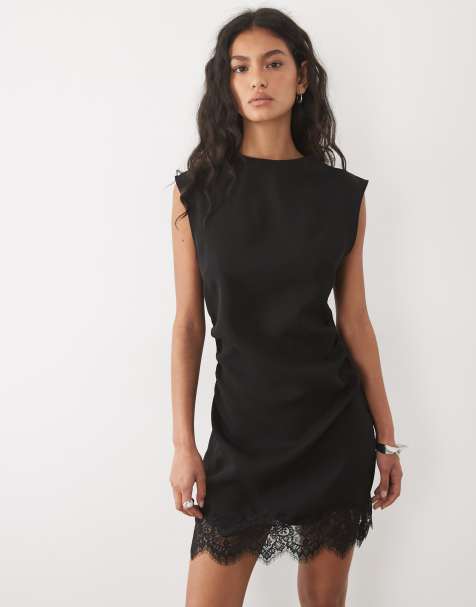 Mango sleeveless mini dress with lace trim in black 