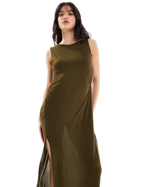 Mango sleeveless midi jersey dress in brown | ASOS