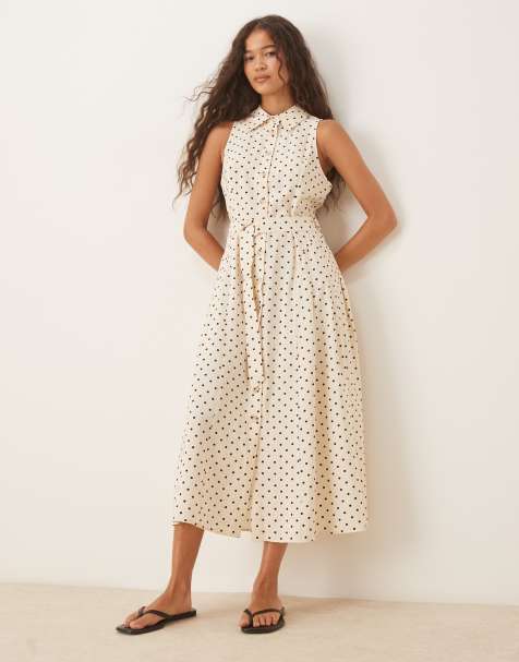 Mango sleeveless midi shirt dress in black and white polka dot - view 1