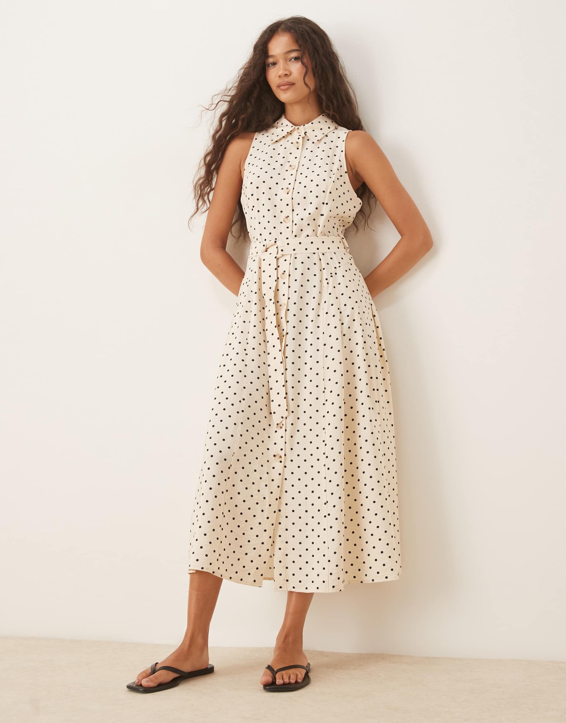 mango sleeveless midi shirt dress in black and white polka dot