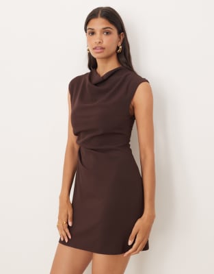 Mango Sleeveless Padded Shoulders Mini Dress In Brown