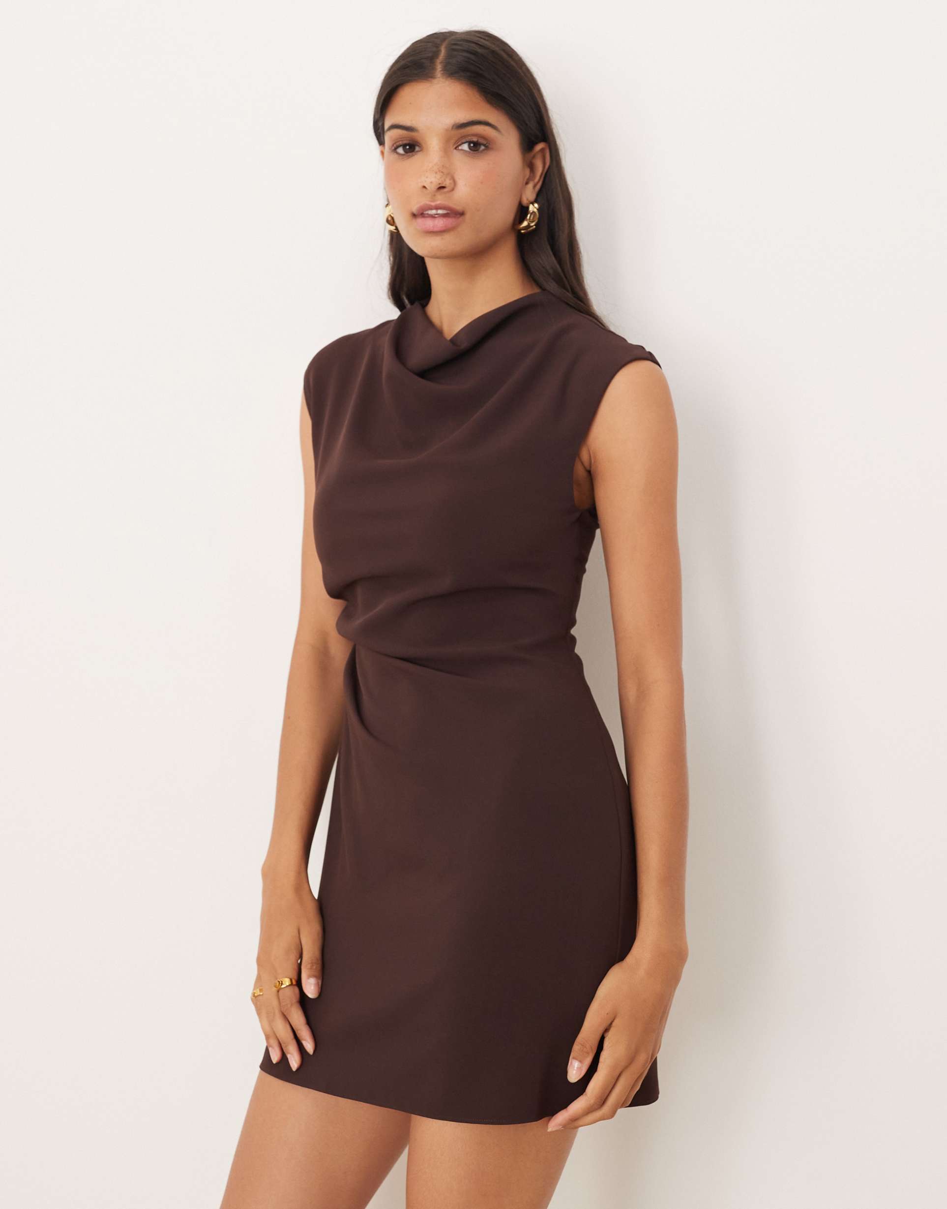 mango sleeveless padded shoulders mini dress in dark brown