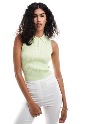 sleeveless ribbed knitted polo top in lime green