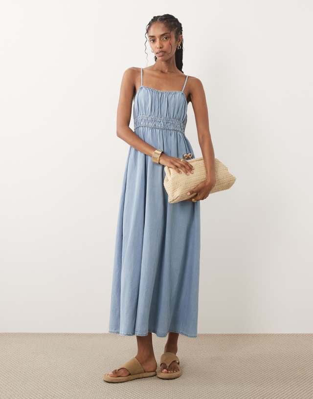 MANGO - Lyocell ruched denim dress light blue