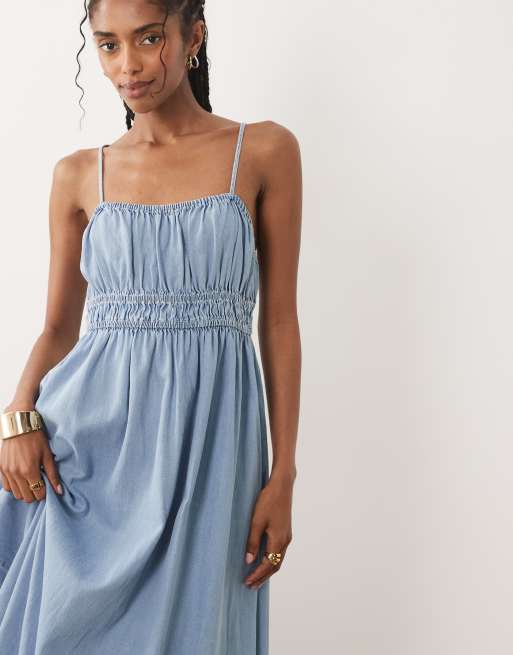 Mango sleeveless ruched detail midi dress in blue, 3 of 4