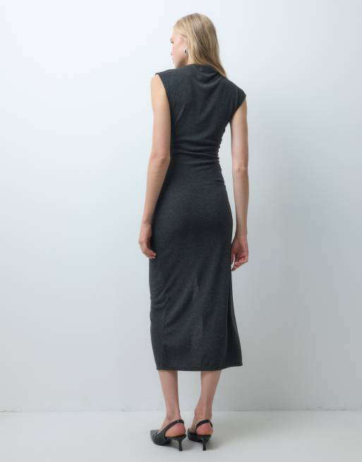 Mango sleeveless ruched midi dress in charcoal , 3 of 4