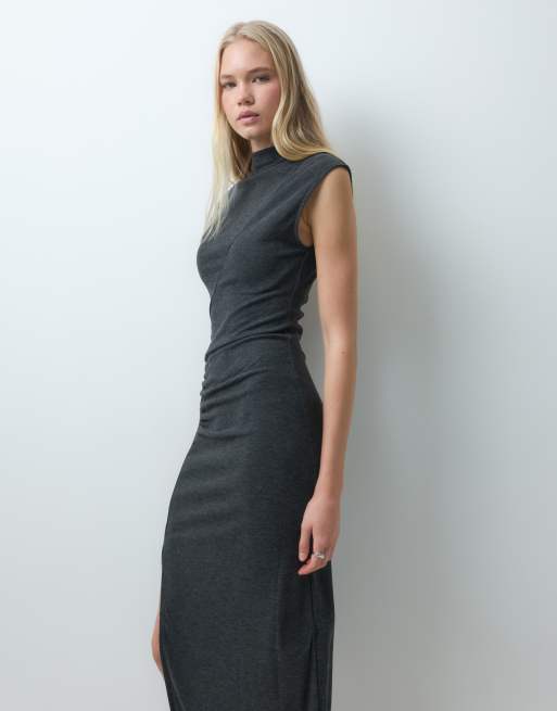 Mango sleeveless ruched midi dress in charcoal , 4 of 4