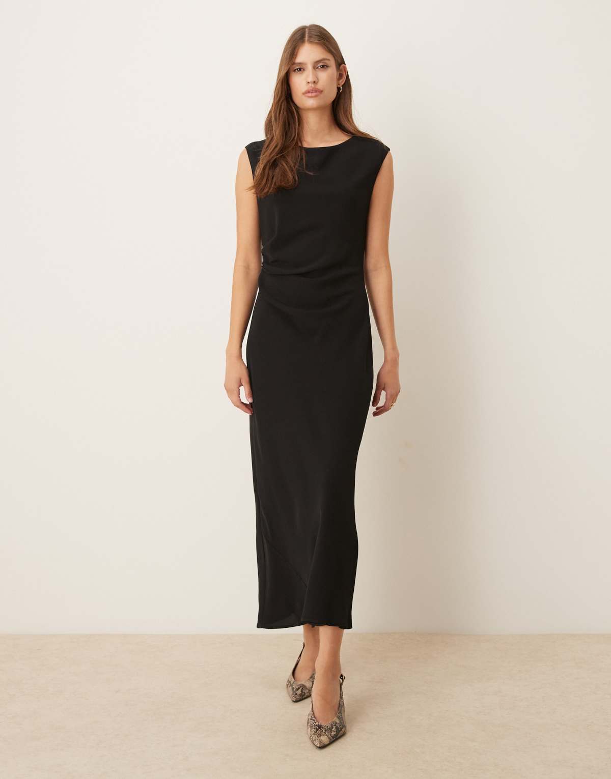 Mango sleeveless ruched side midi dress in black