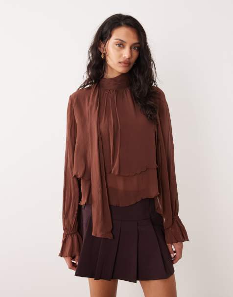 Mango sleeveless ruffle blouse with scarf detail in chocolate - view 1