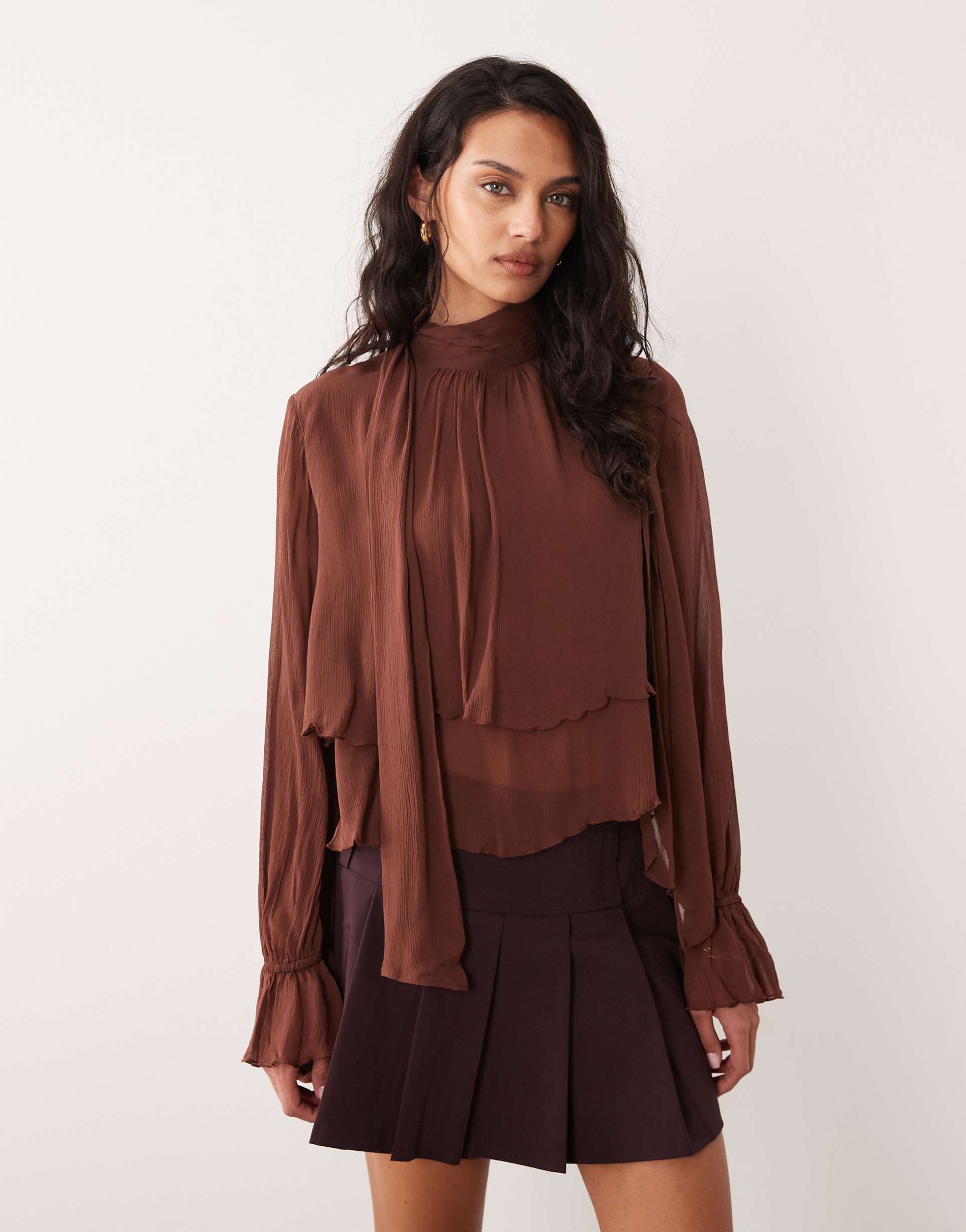 mango sleeveless ruffle blouse with scarf detail in chocolate