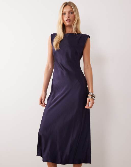 Mango sleeveless satin midi dress in navy, 2 of 4