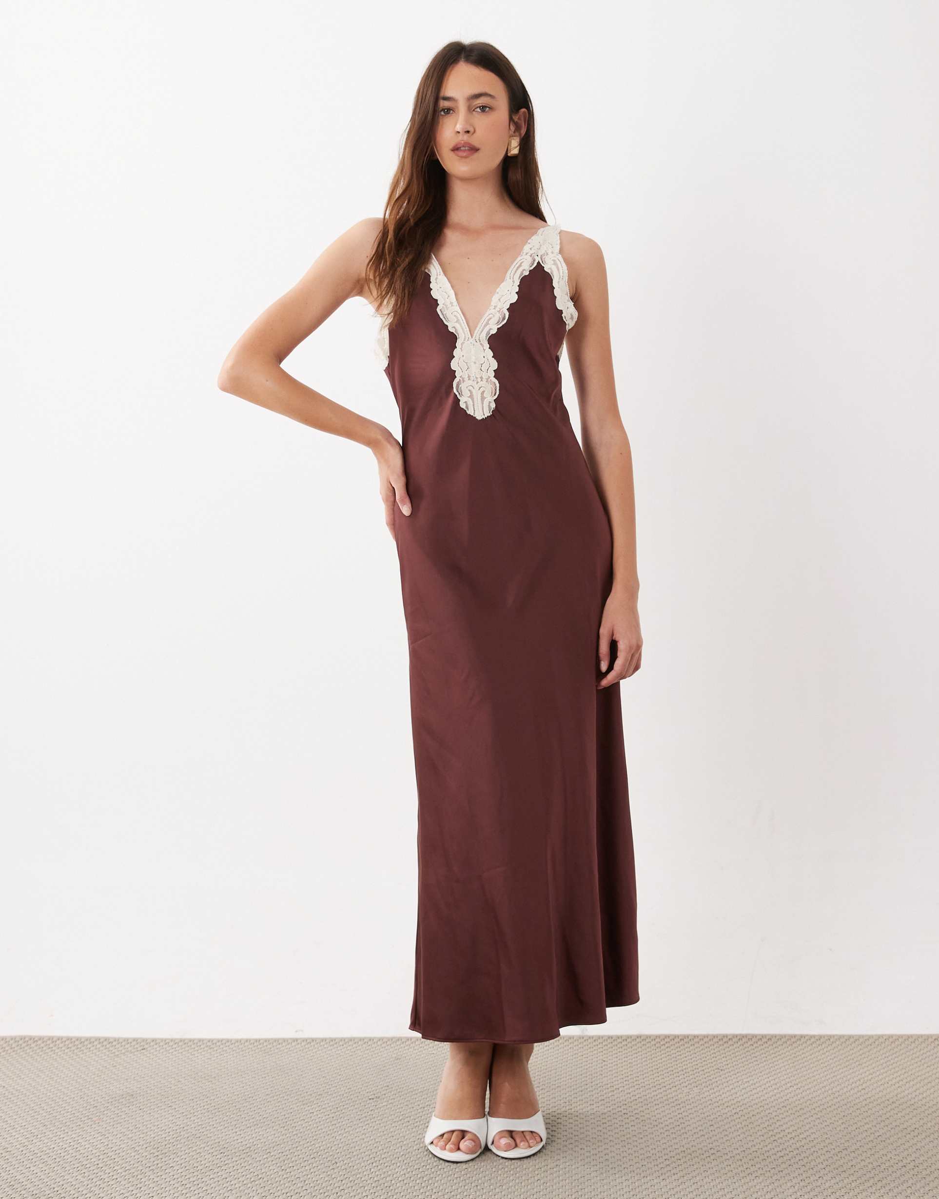 mango sleeveless satin midi dress with lace trim in rose