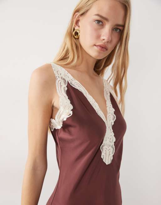 Mango sleeveless satin midi dress with lace trim in rose, 3 of 4