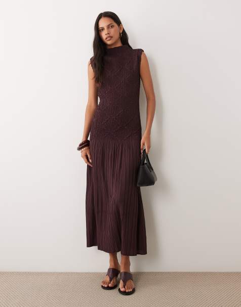 Mango sleeveless shirred bodice midi dress in burgundy - view 1