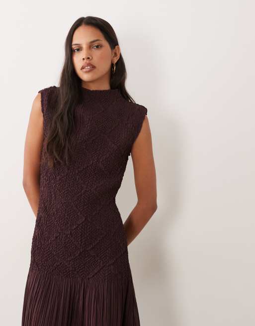 Mango sleeveless shirred bodice midi dress in burgundy, 2 of 4