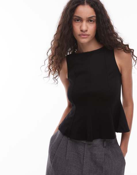 Mango sleeveless structured peplum hem top in black - view 1