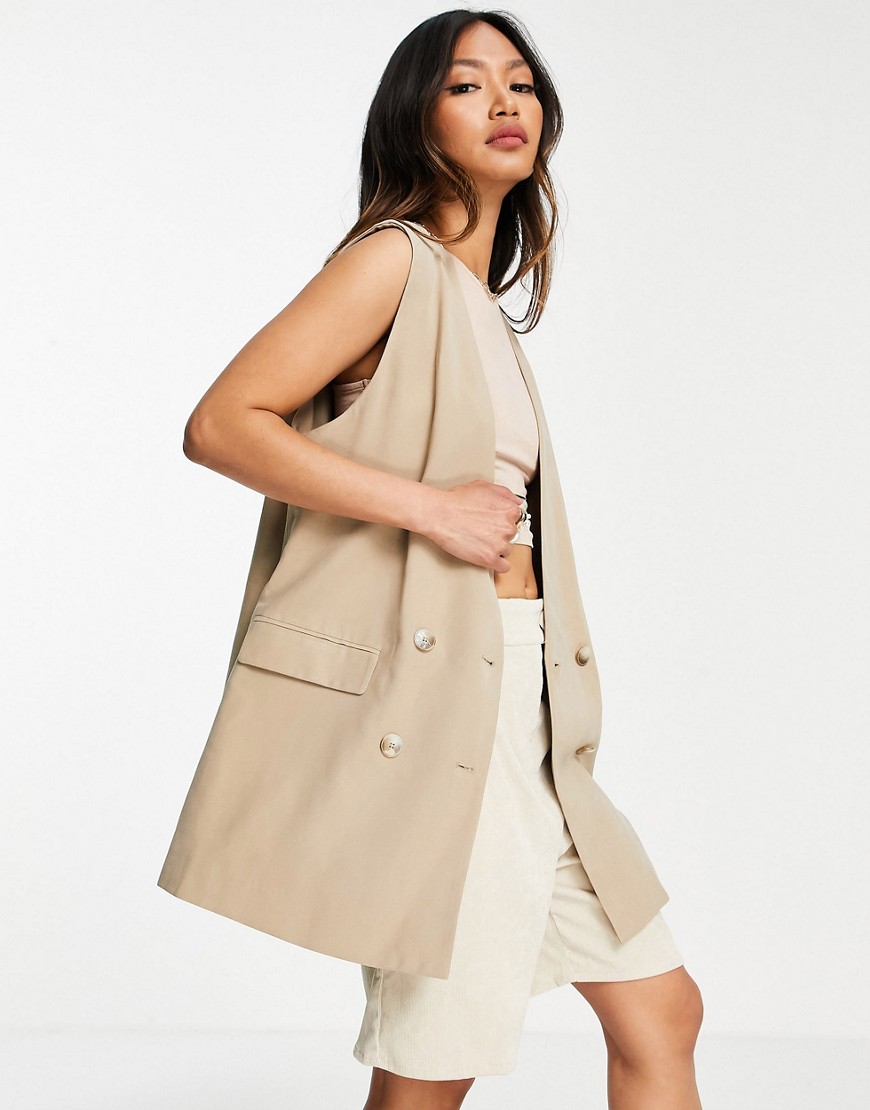 Mango sleeveless tailored double breasted vest blazer set in camel-Neutral