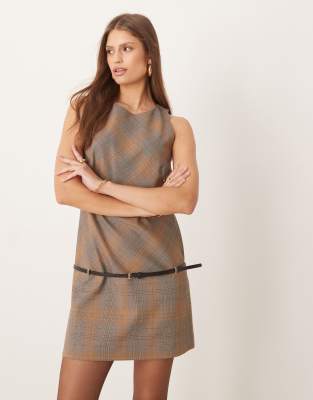 Mango Sleeveless Tailored Mini Dress With Belt In Brown