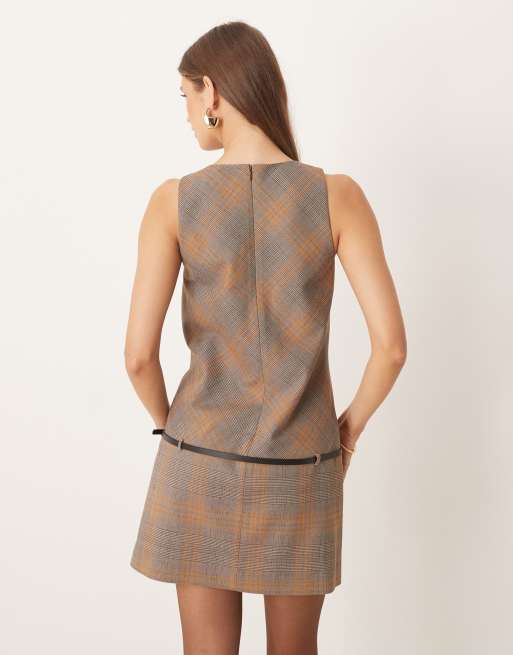 Mango sleeveless tailored mini dress with belt in brown plaid, 4 of 4