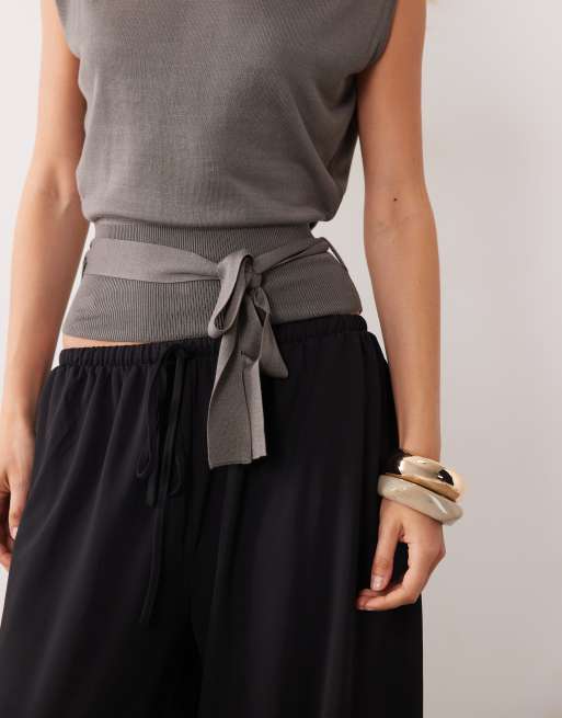 Mango sleeveless tie waist knit top in brown, 3 of 4