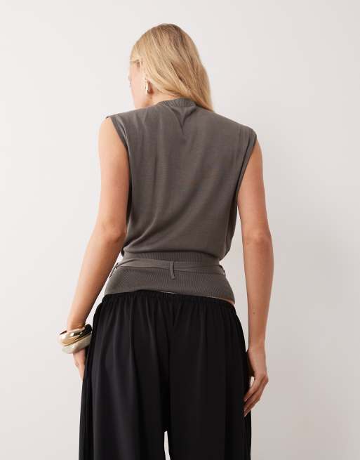 Mango sleeveless tie waist knit top in brown, 4 of 4