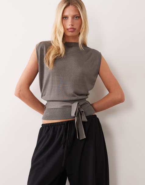 Mango sleeveless tie waist knitted top in brown - view 1