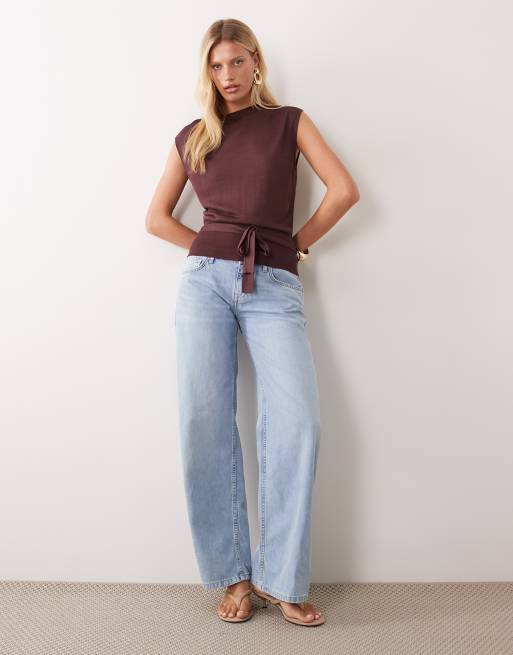 Mango sleeveless tie waist knitted top in burgundy, 2 of 4
