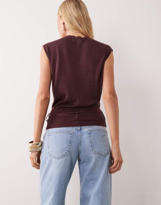 Mango sleeveless tie waist knitted top in burgundy, 4 of 4